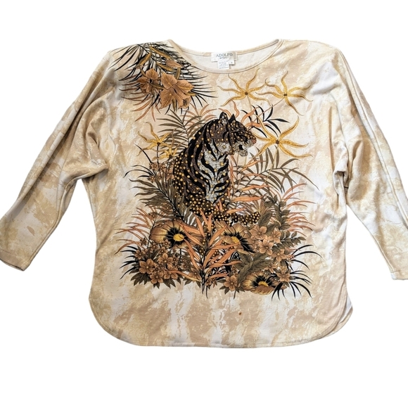 Vintage ADOLFO SPORT tiger print women’s shoulder pads sweater - Picture 1 of 7